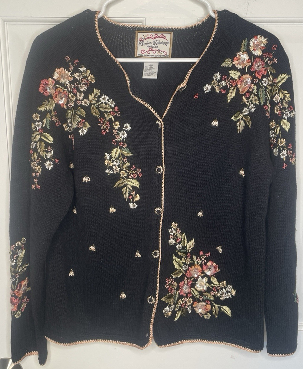 VTG Heirloom Collectibles Women’s Floral Embroidery Sequin Knitted Cardigan Sz S